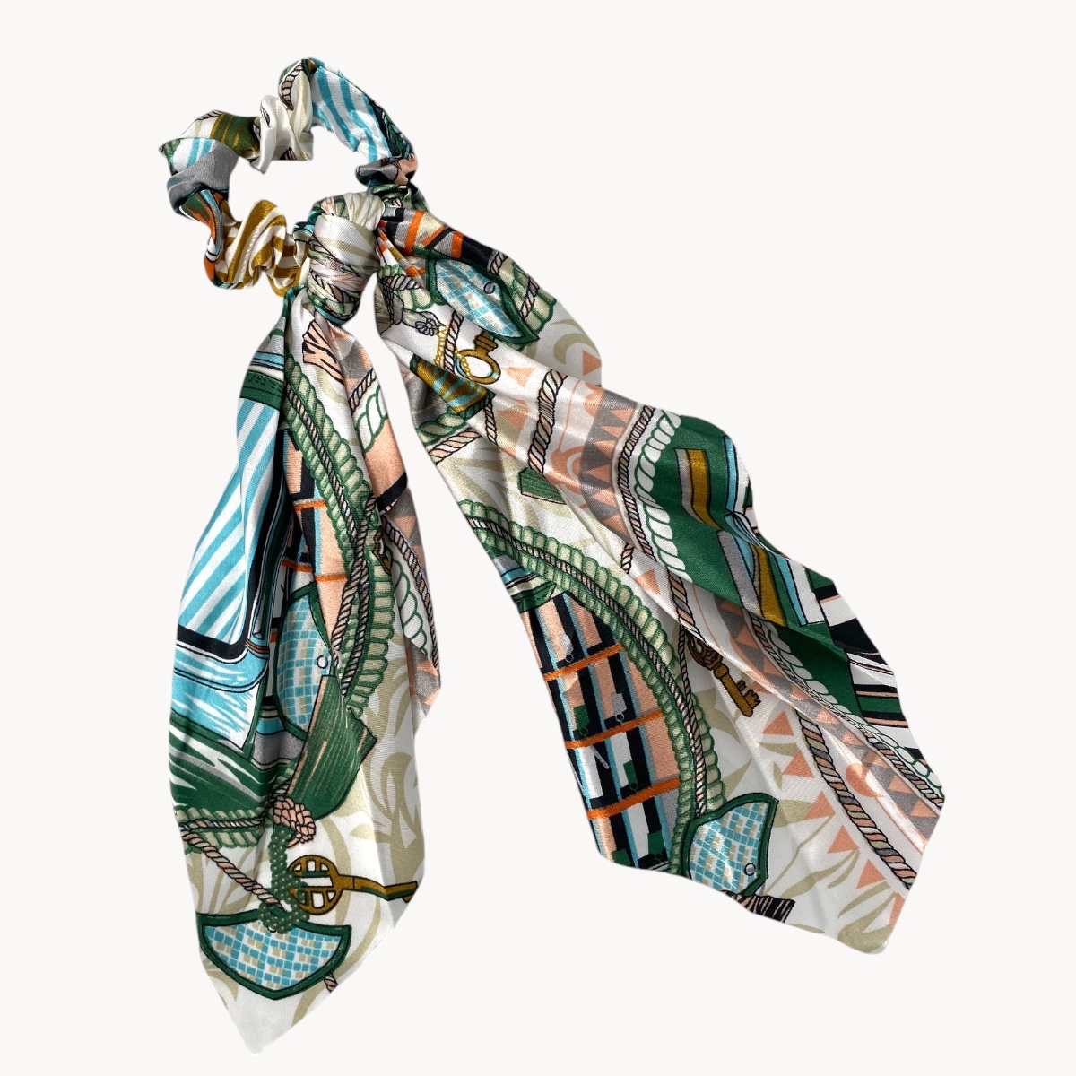 Chouchou Cheveux Foulard Effet Soie – Motif Coloré Vert et Orange