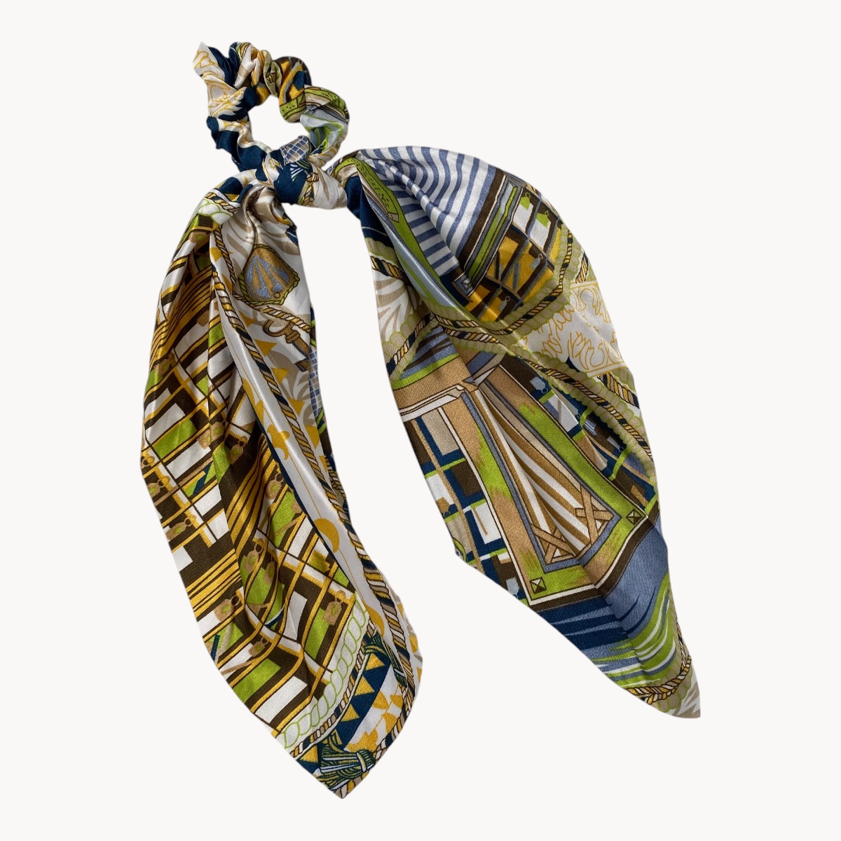 Chouchou Cheveux Foulard Effet Soie – Motif Géométrique Bleu et Vert