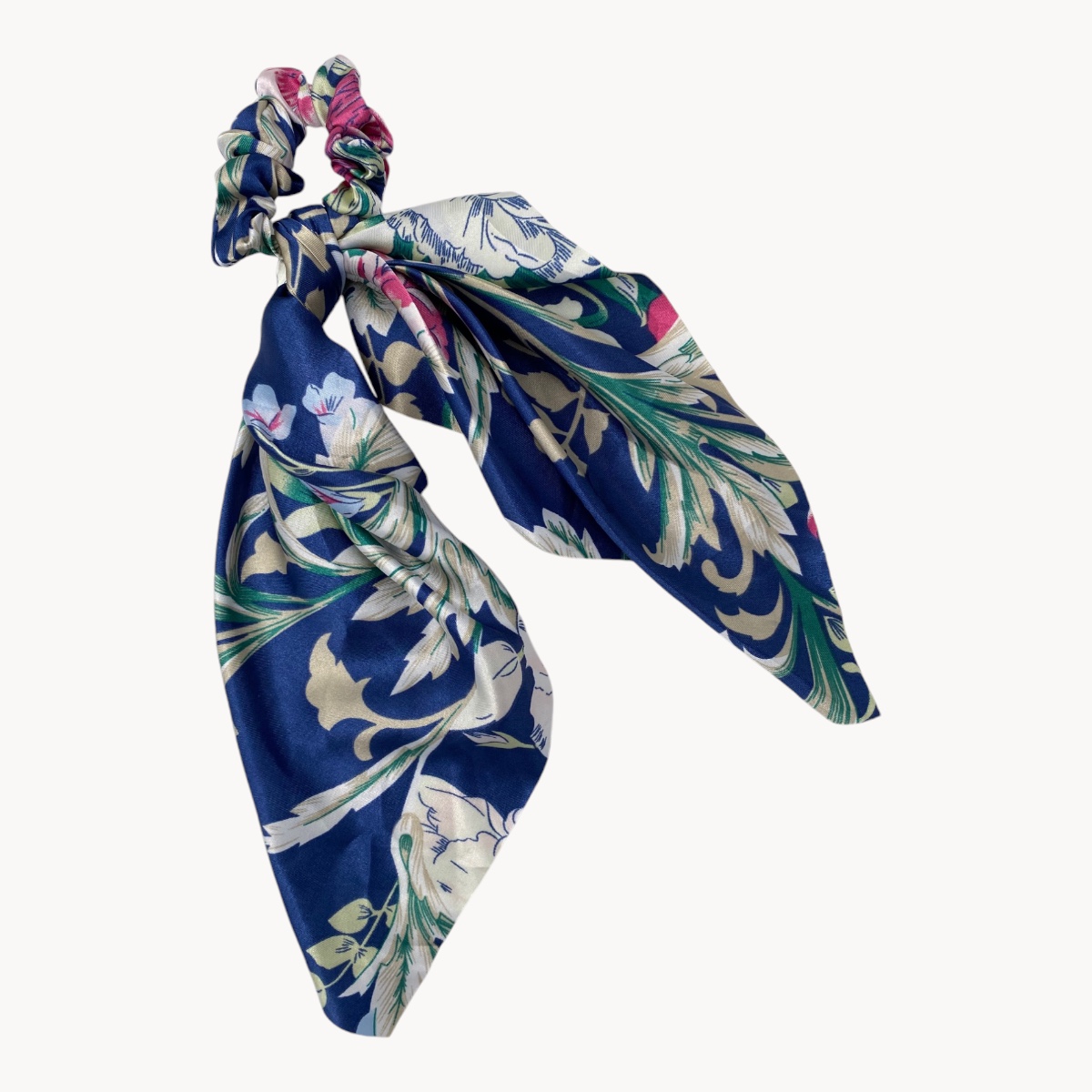 Chouchou Foulard Effet Soie Bleu à Motifs Floraux