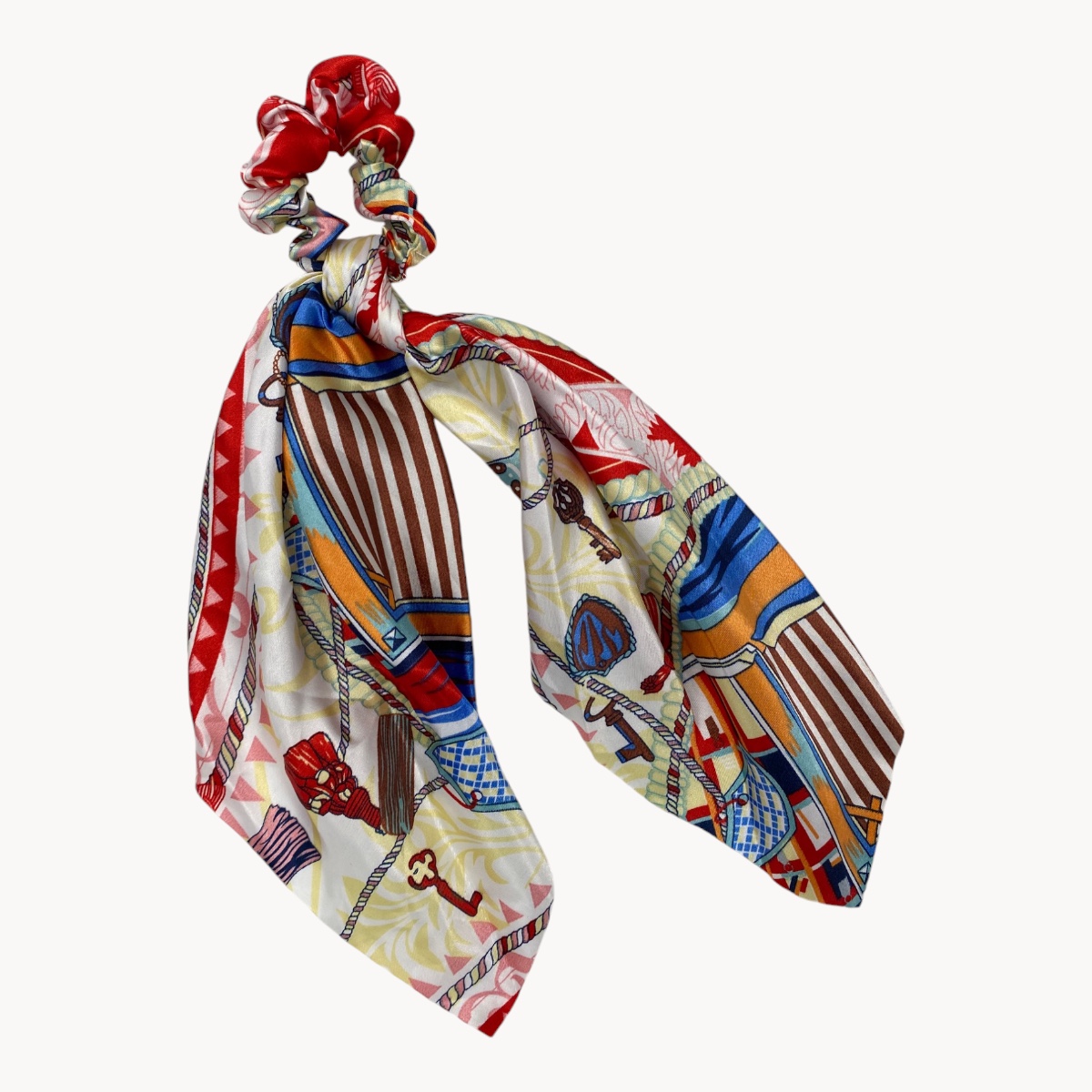 Chouchou Cheveux Foulard Effet Soie – Motif Rouge et Coloré, Élégance et Polyvalence