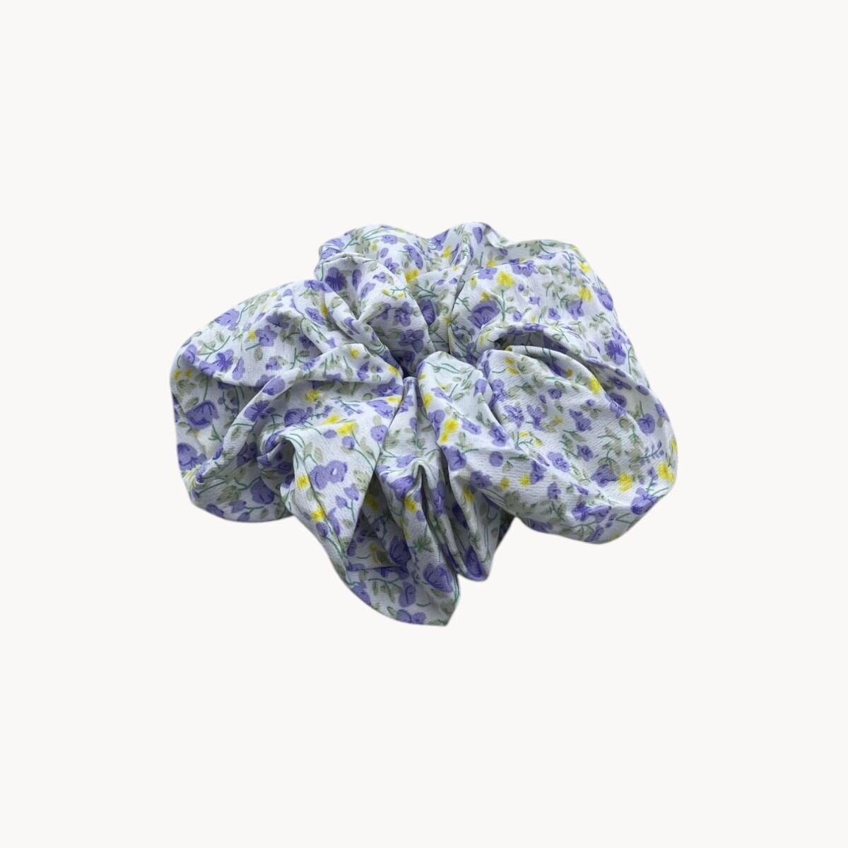 Chouchou cheveux 9 cm - Fleurs violettes et jaunes