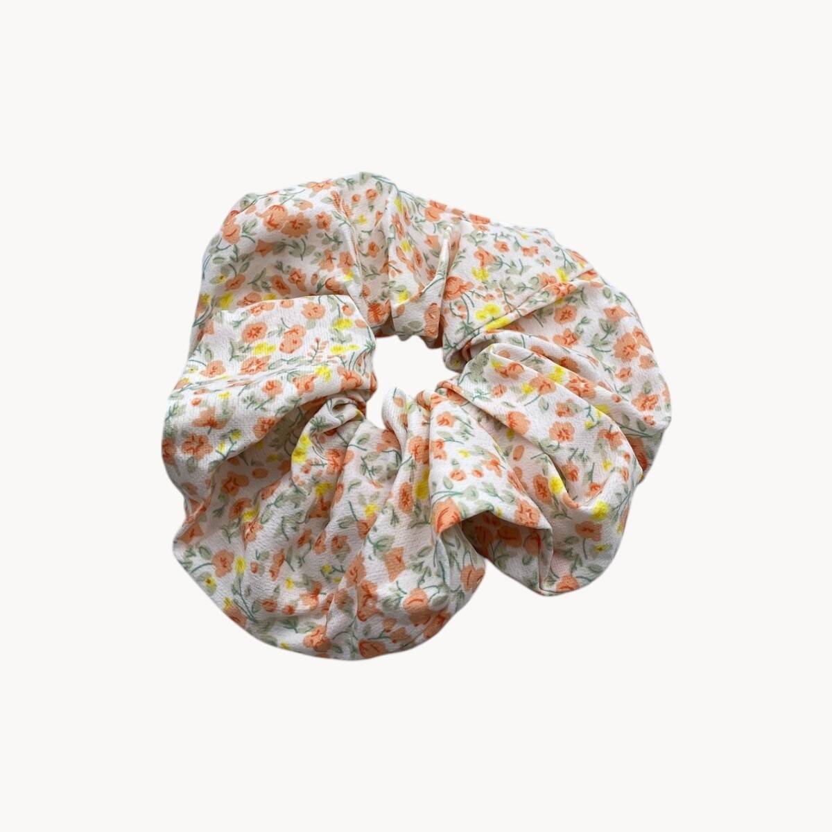 Chouchou cheveux 9 cm - Fleurs oranges et jaunes