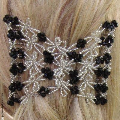 Peigne Brésilien boucles de perles noires et transparentes