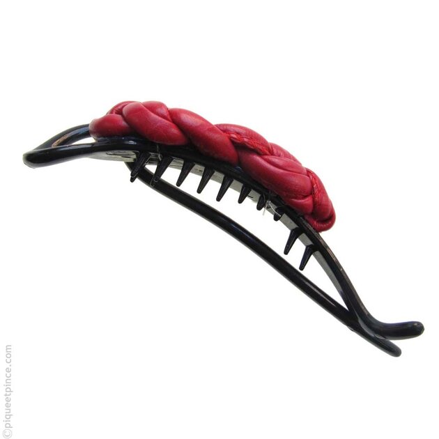 Barrette Pince à Cheveux En Cuir Véritable Et Satin Noir - Longueur 8 Cm - Neuf Sans étiquettes
