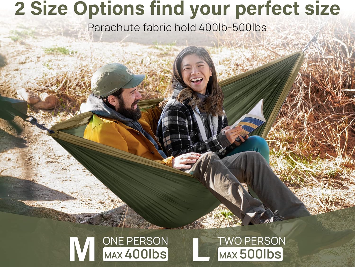 Kootek Portable Camping Hammock Set – two size options (single up to 400 lbs, double up to 500 lbs) with durable parachute fabric