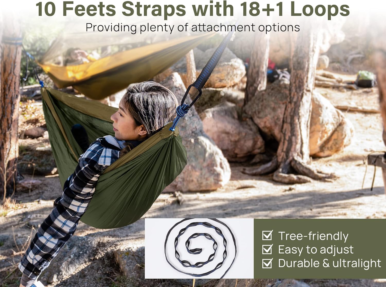 Kootek Portable Camping Hammock Set – includes 10 ft straps with 18 1 loops, tree-friendly, adjustable, durable, and ultralight