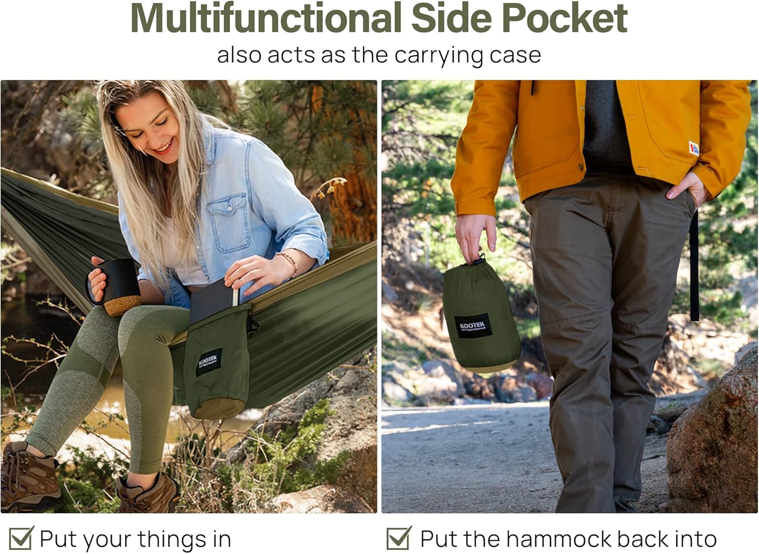 Kootek Portable Camping Hammock Set – multifunctional side pocket doubles as a carrying case for storage and transport
