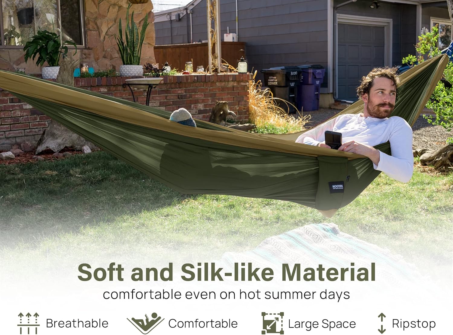 Kootek Portable Camping Hammock Set – made with soft, silk-like material that is breathable, comfortable, spacious, and ripstop durable