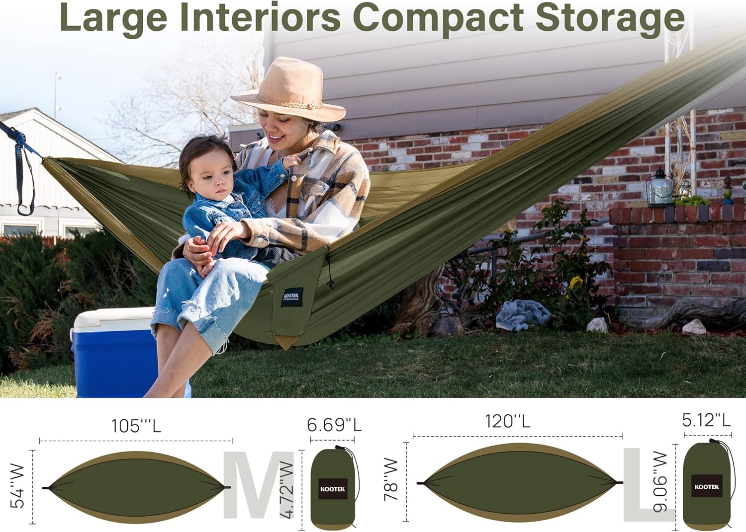 Kootek Portable Camping Hammock Set – large interior space with compact storage design, available in medium (105” x 55”) and large (120” x 63”) sizes