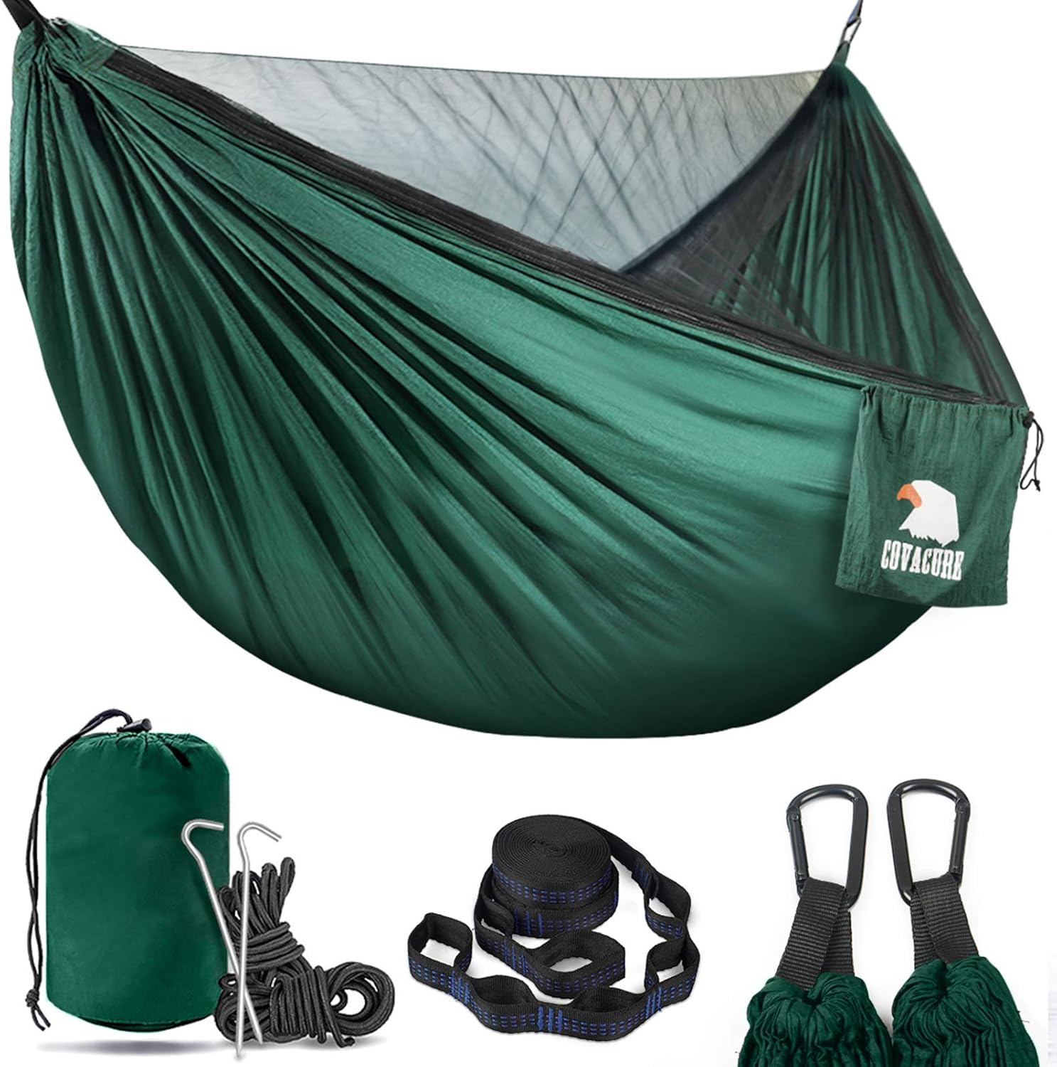 Covacure Lightweight Double Hammock (Dark Green) – Hammock with Bug Net, Straps, Carabiners, and Carry Bag on White Background
