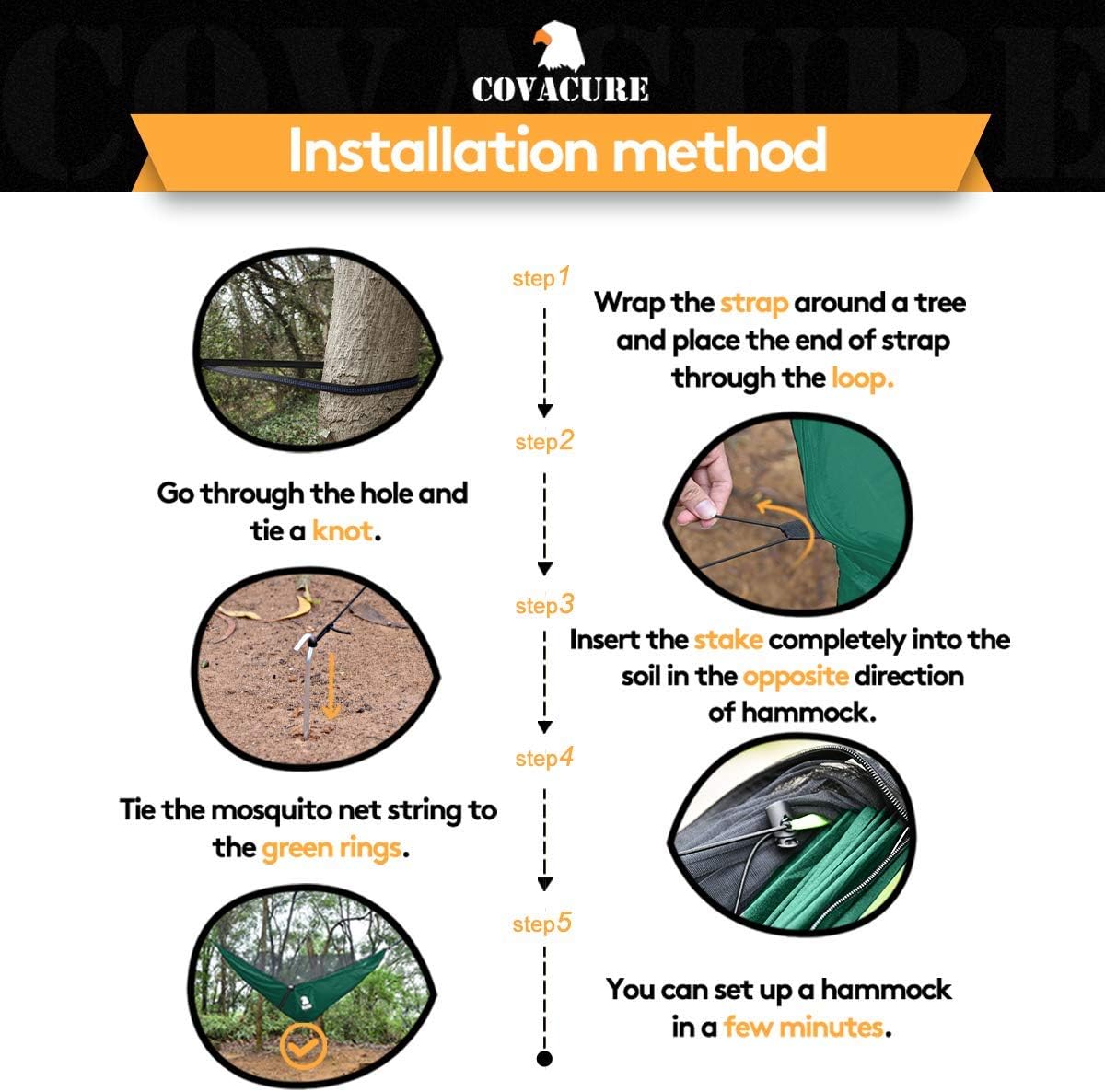 Step-by-step instructions for setting up a Covacure hammock with straps and mosquito net