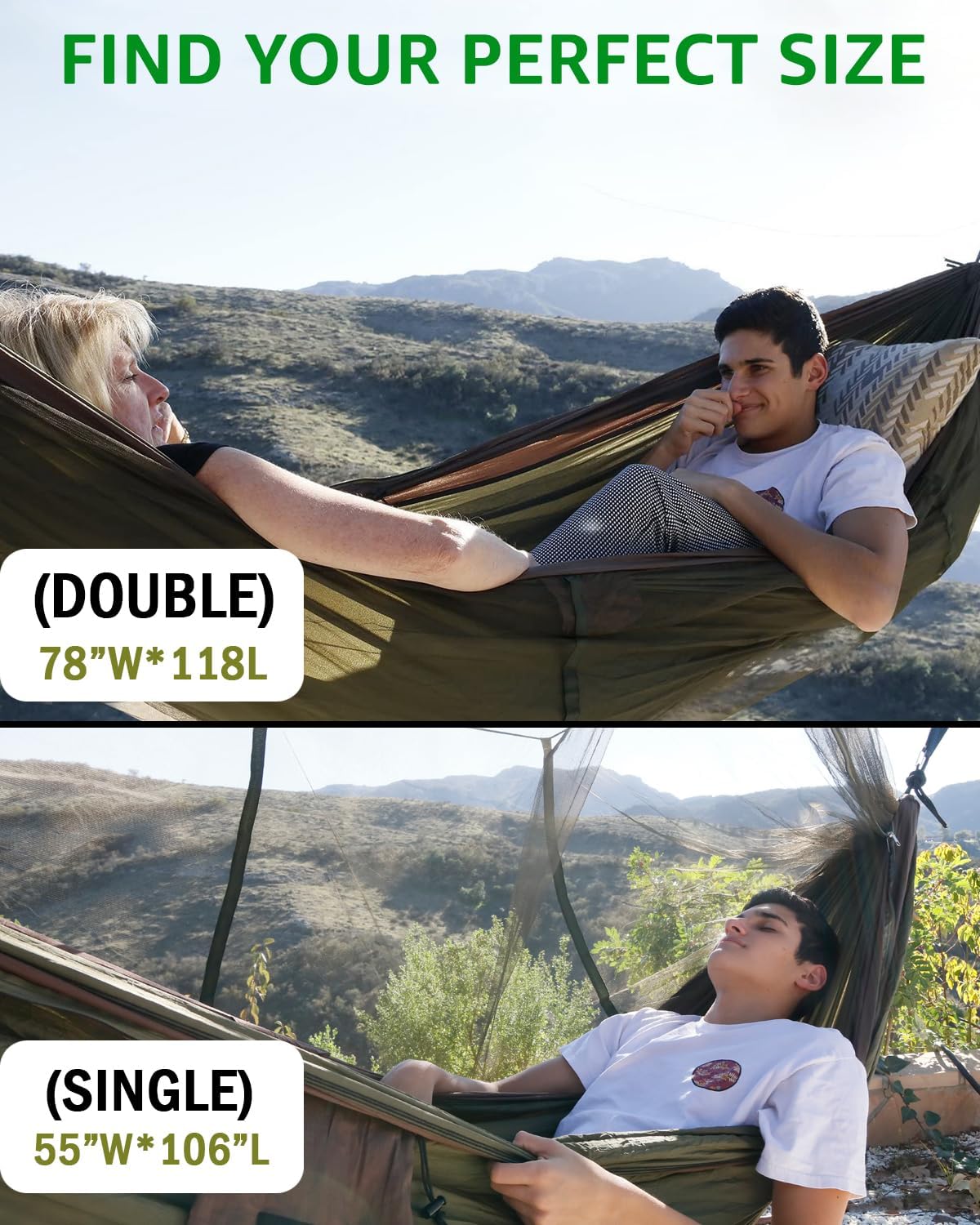 Sunyear 2 Person Hammock Tent – available in double (78” W x 118” L) or single (55” W x 106” L) sizes, offering flexibility for solo or shared outdoor comfort.