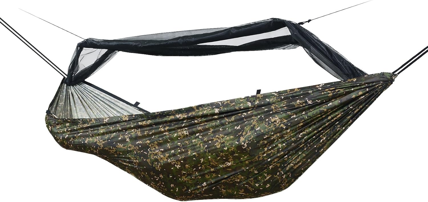 DD Frontline Hammock MC – camo hammock with mosquito net partially opened