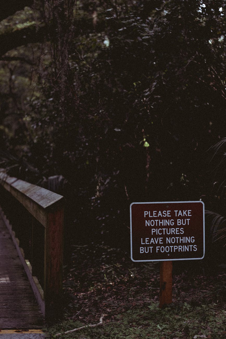 a forest trail with a sign urging visitors to leave no trace emphasizing conservation