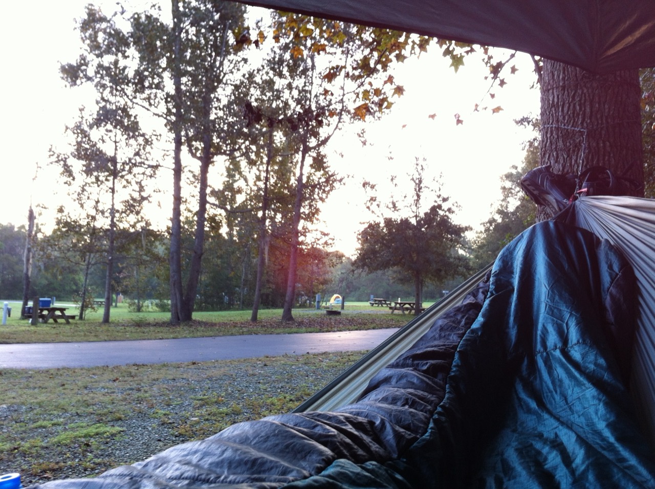View from Mike’s Nano-7 beneath the asymmetrical rain fly at Santos campground