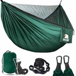 Covacure Lightweight Double Hammock (Dark Green) – Hammock with Bug Net, Straps, Carabiners, and Carry Bag on White Background