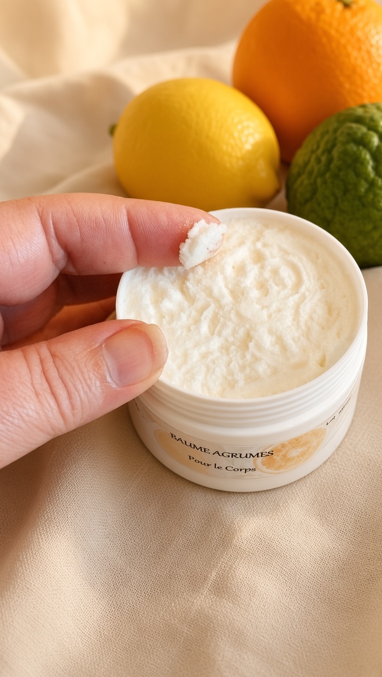 Texture du Baume aux Agrumes au beurre de karité et à l’huile d’argan, parfumé aux agrumes
