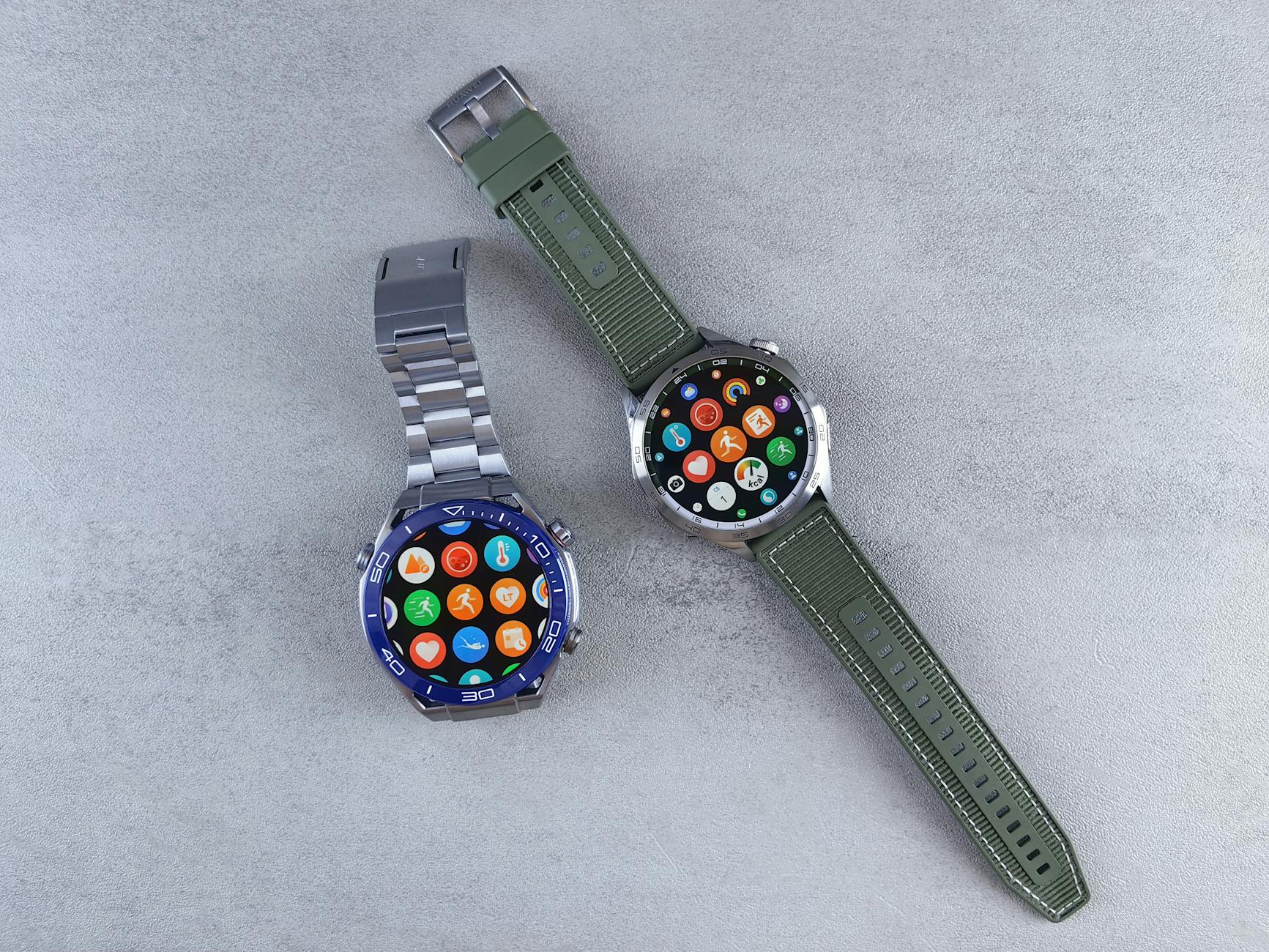 close up of two smartwatches on a gray background highlighting design and technology