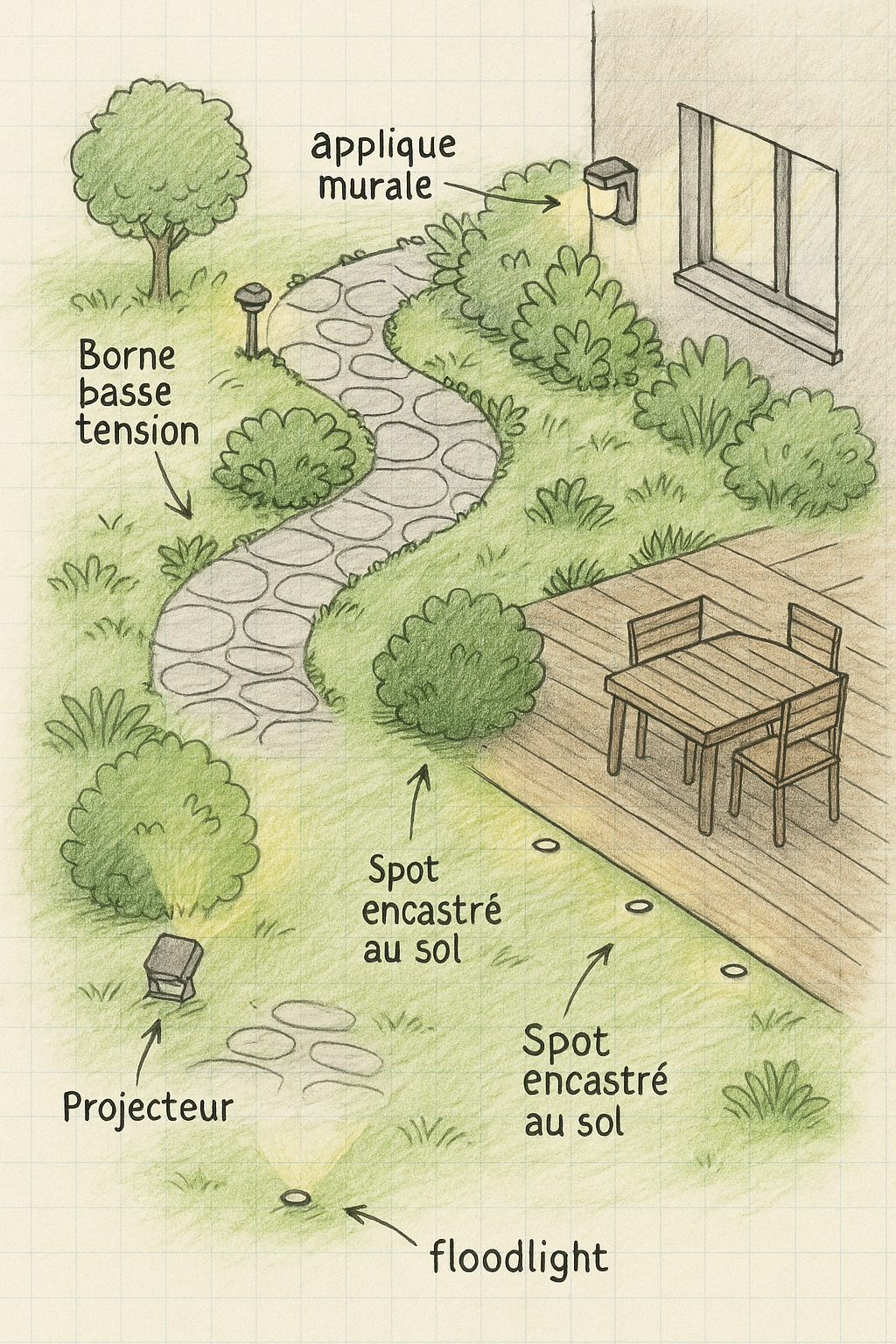 Croquis paysager illustrant un jardin avec appliques murales, bornes LED, spots encastrés et projecteurs extérieurs