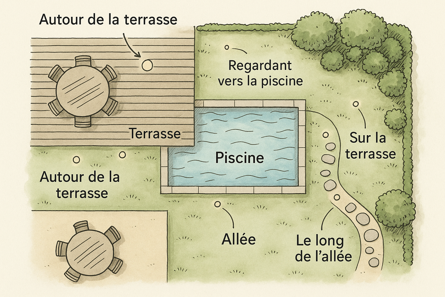 Disposition des spots LED encastrables autour d’une terrasse, d’une piscine et d’une allée de jardin
