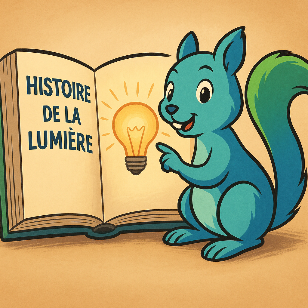 Mascotte écureuil présentant le livre illuminé