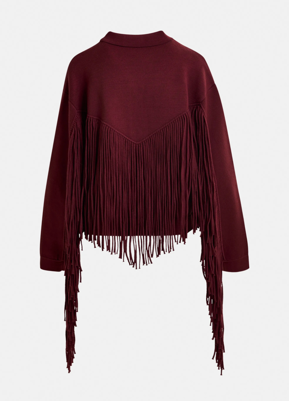 Veste courte en maille bordeaux à franges