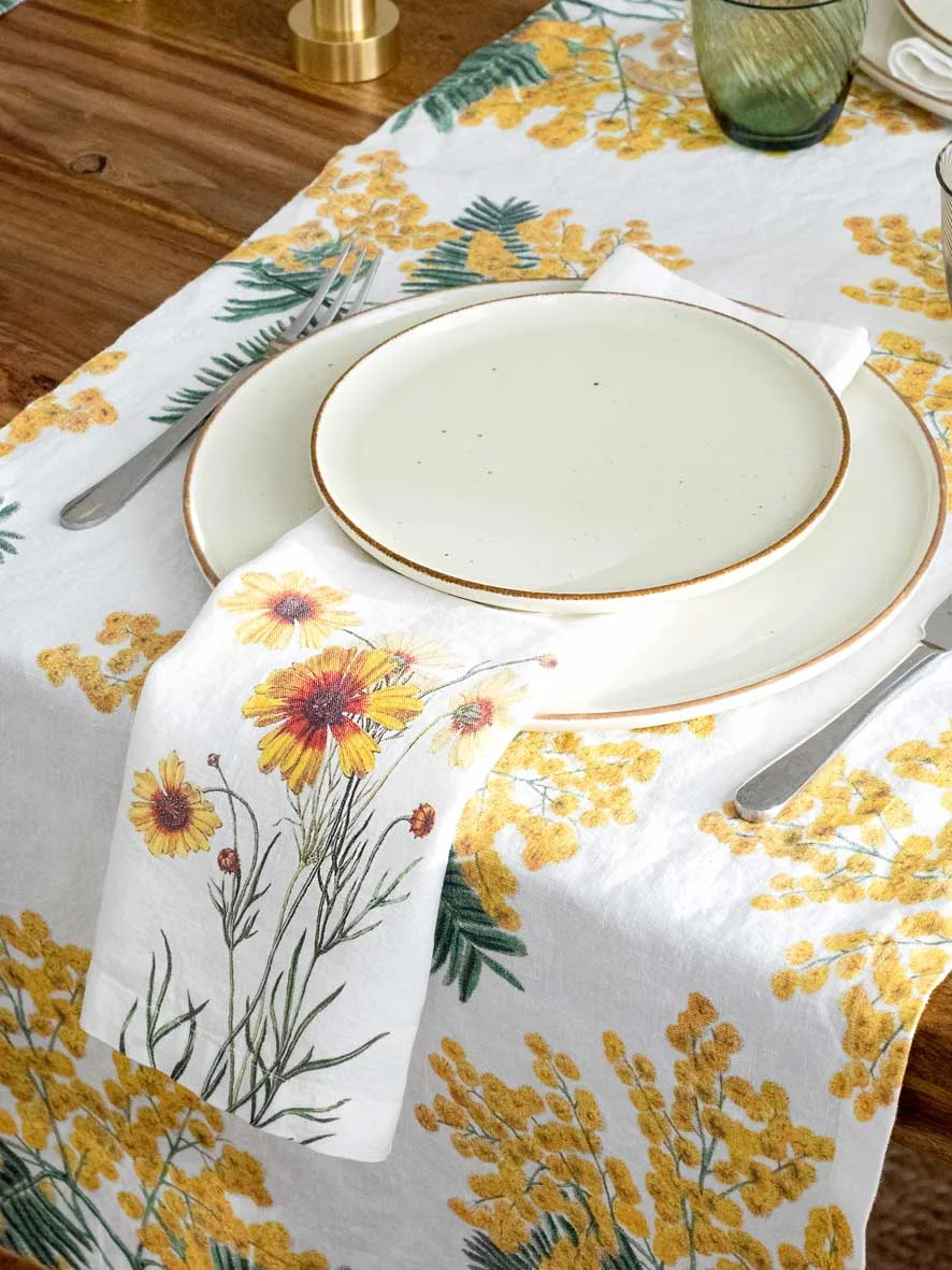 Serviettes lin fleurs jaunes 2