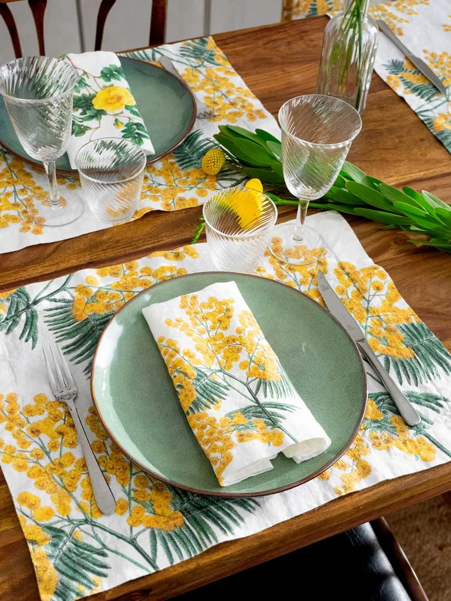 Serviettes lin fleurs jaunes 1