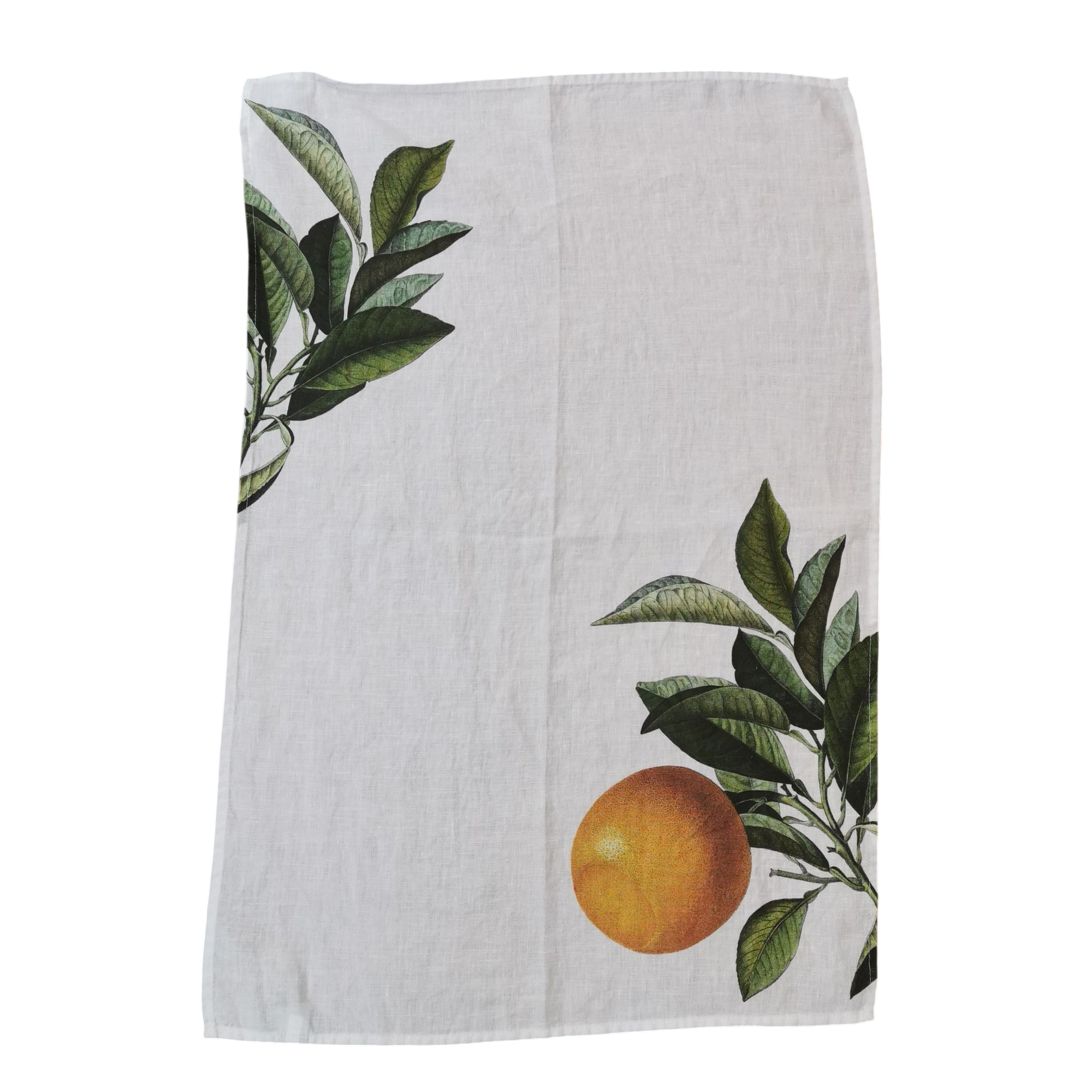 Torchon en lin blanc motif orange