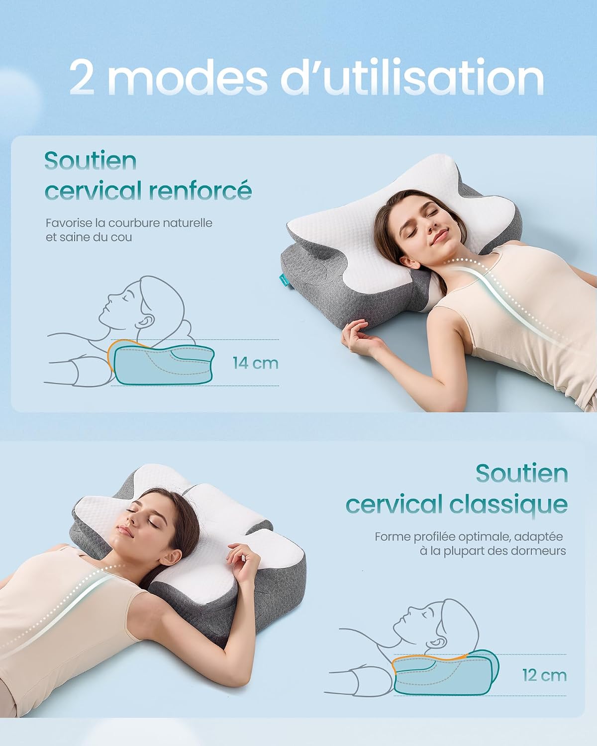 SONGMICS Oreiller Ergonomique, Hauteur Ajustable, Toucher Frais Blanc Nuage + Gris Tourterelle 3