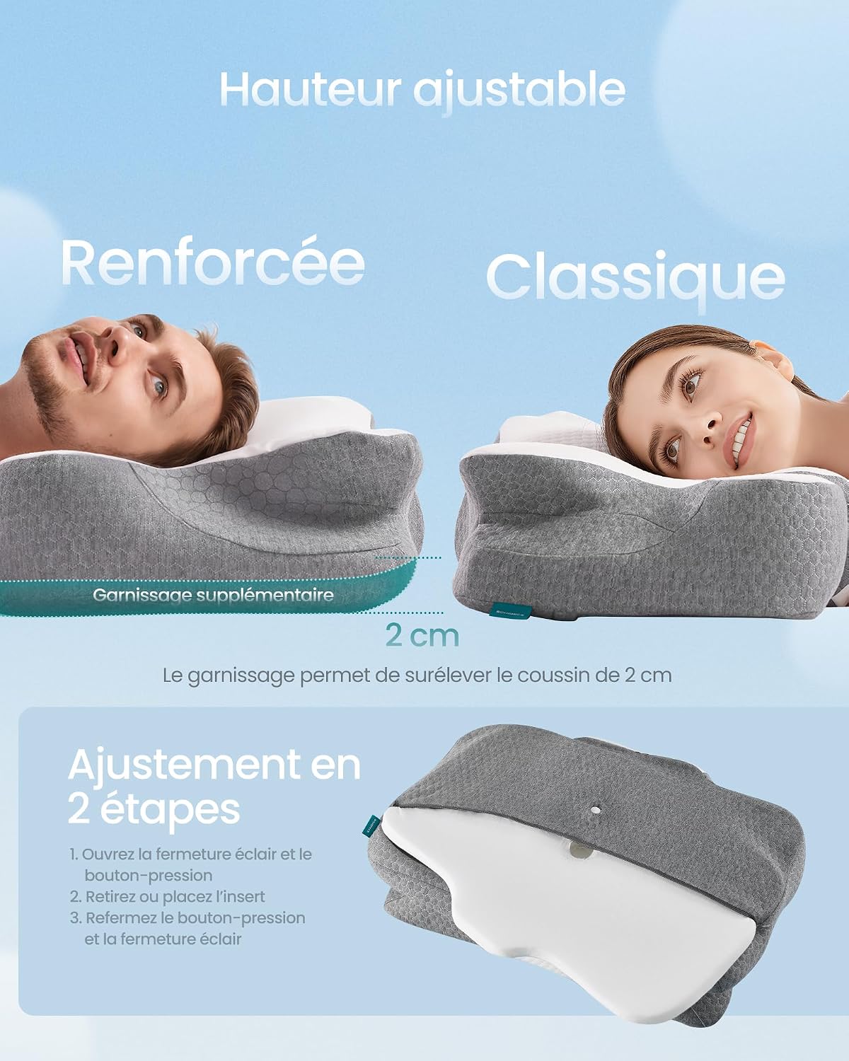SONGMICS Oreiller Ergonomique, Hauteur Ajustable, Toucher Frais Blanc Nuage + Gris Tourterelle 5