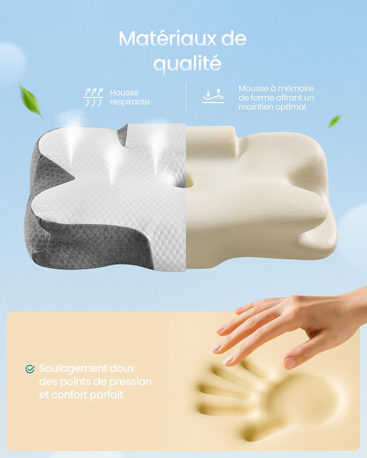 SONGMICS Oreiller Ergonomique, Hauteur Ajustable, Toucher Frais Blanc Nuage + Gris Tourterelle 6