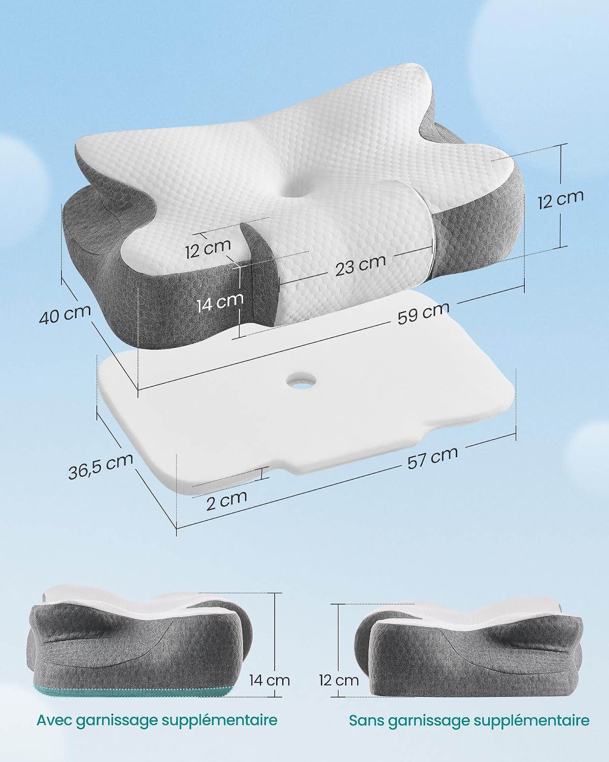 SONGMICS Oreiller Ergonomique, Hauteur Ajustable, Toucher Frais Blanc Nuage + Gris Tourterelle 7