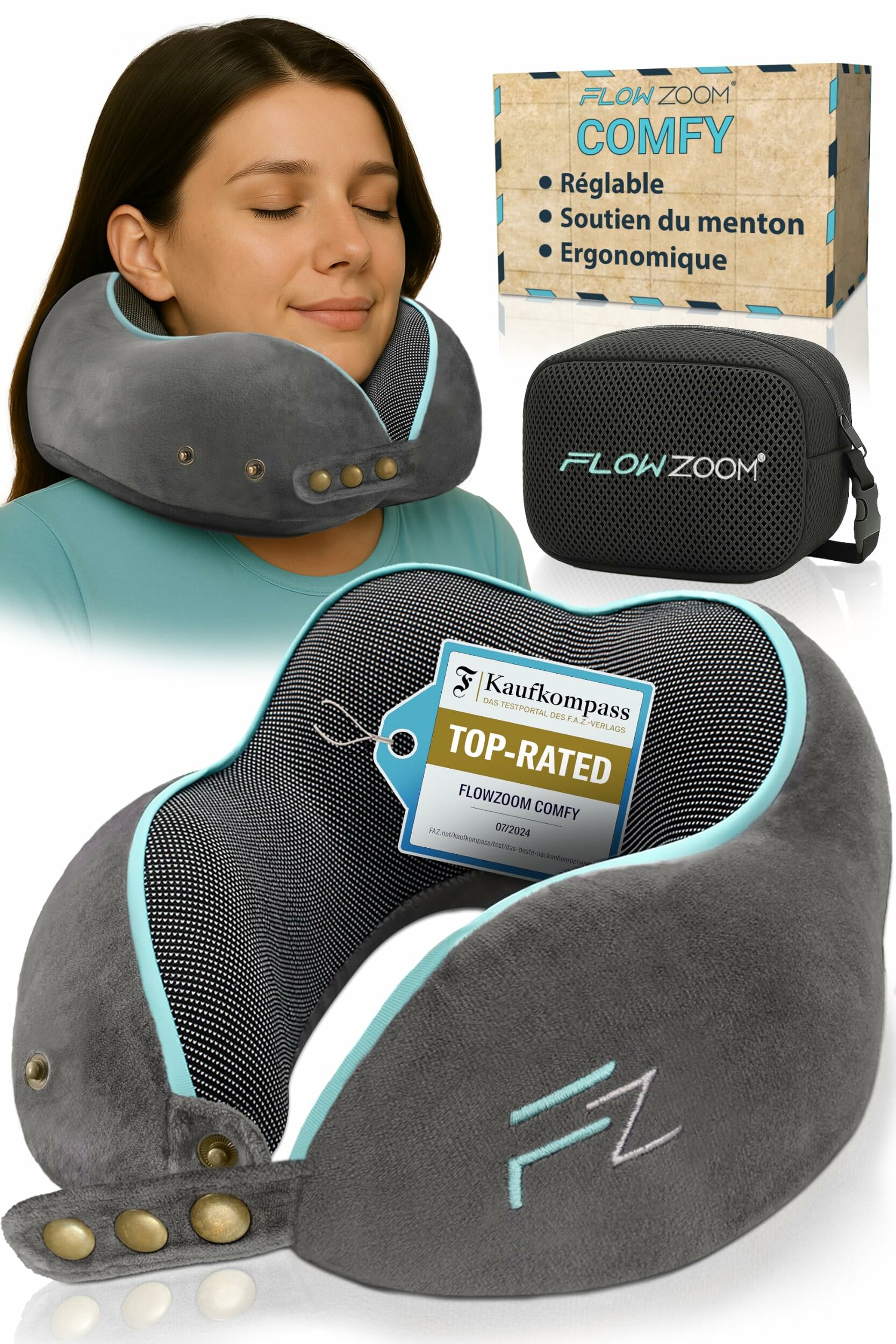 FLOWZOOM Comfy Coussin de Voyage en Mousse à Mémoire de Forme pour Avion et Voiture – Oreiller pour Avion Réglable, Soutien à