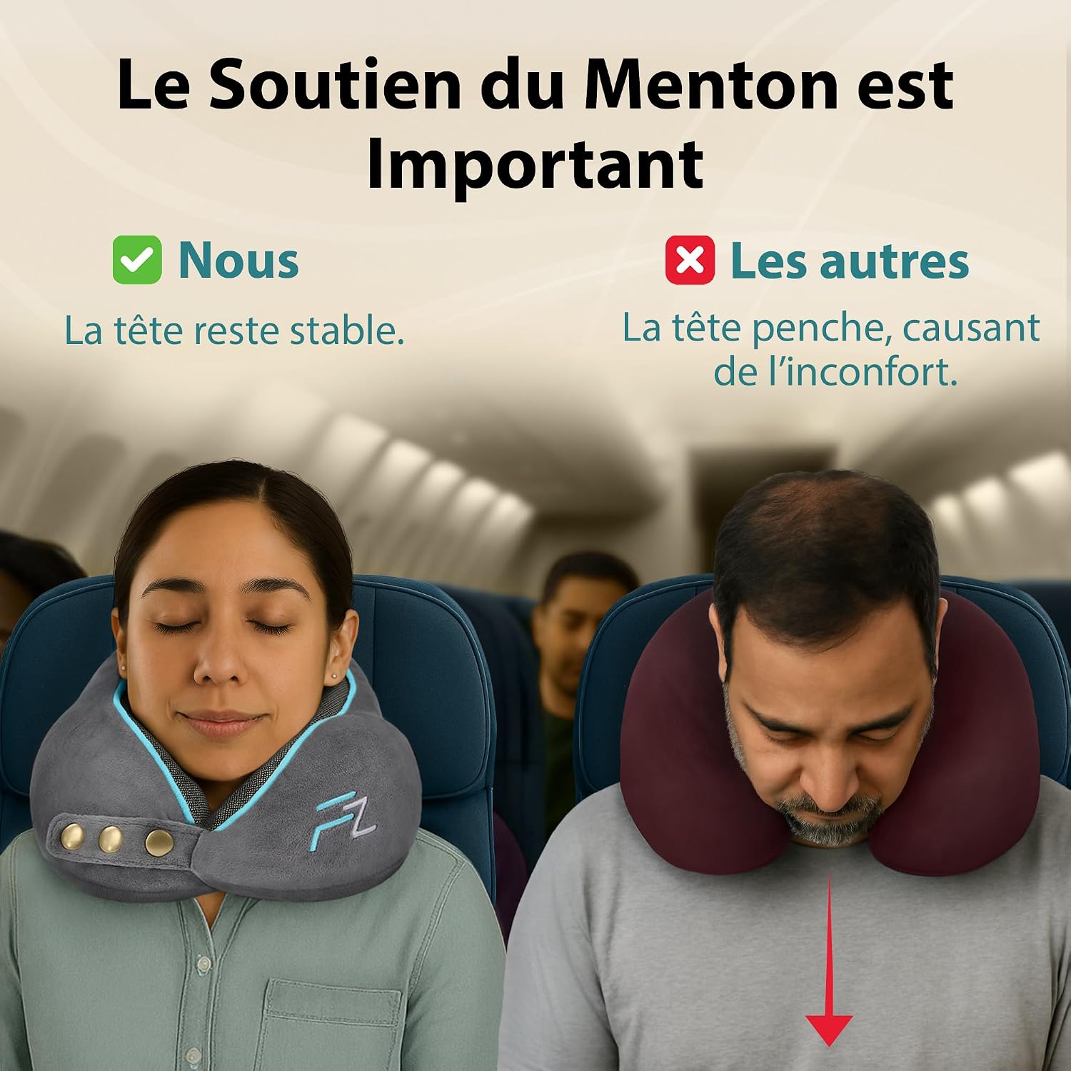 FLOWZOOM Comfy Coussin de Voyage en Mousse à Mémoire de Forme pour Avion et Voiture – Oreiller pour Avion Réglable, Soutien 3