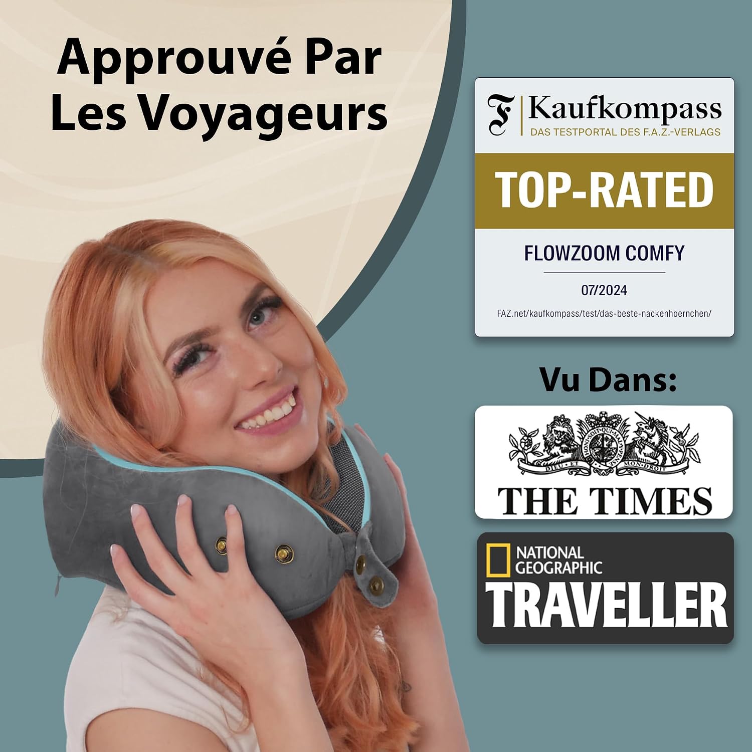 FLOWZOOM Comfy Coussin de Voyage en Mousse à Mémoire de Forme pour Avion et Voiture – Oreiller pour Avion Réglable, Soutien 4