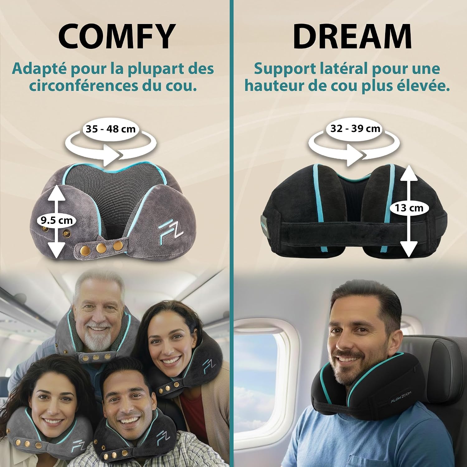FLOWZOOM Comfy Coussin de Voyage en Mousse à Mémoire de Forme pour Avion et Voiture – Oreiller pour Avion Réglable, Soutien 6