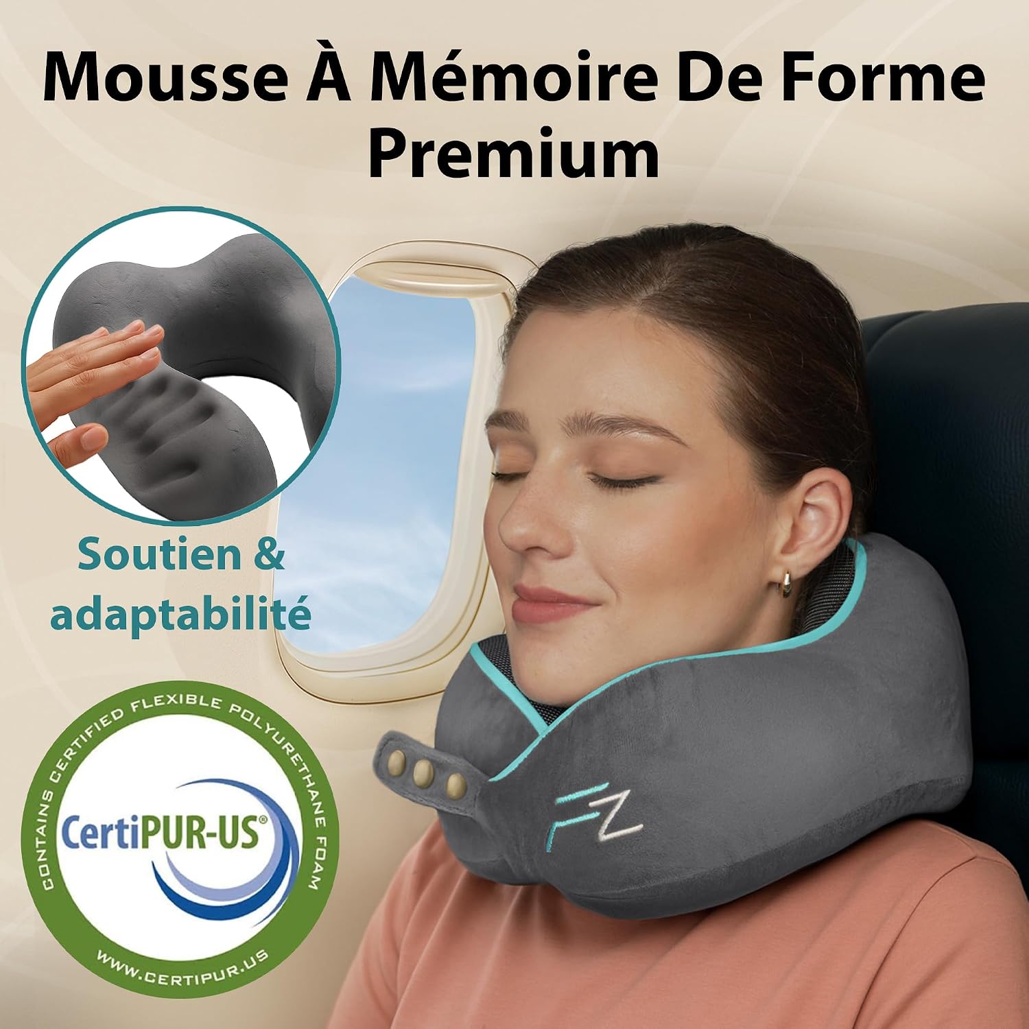 FLOWZOOM Comfy Coussin de Voyage en Mousse à Mémoire de Forme pour Avion et Voiture – Oreiller pour Avion Réglable, Soutien 7