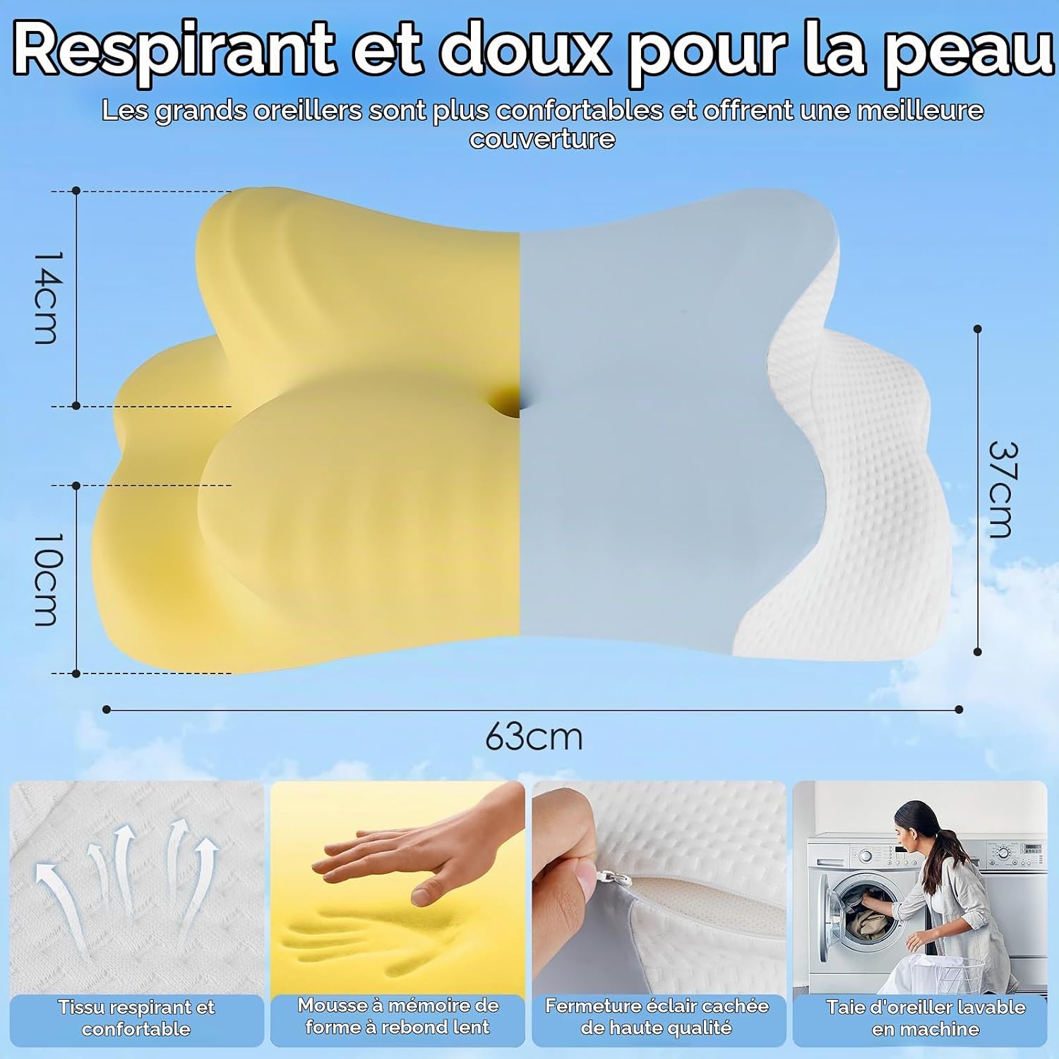 Dreamhigh® Oreiller Memoire Forme 2 en 1, Soulagement Efficace des Douleurs, Oreiller Ergonomique pour Côté, Dos &amp; Ventre, 6