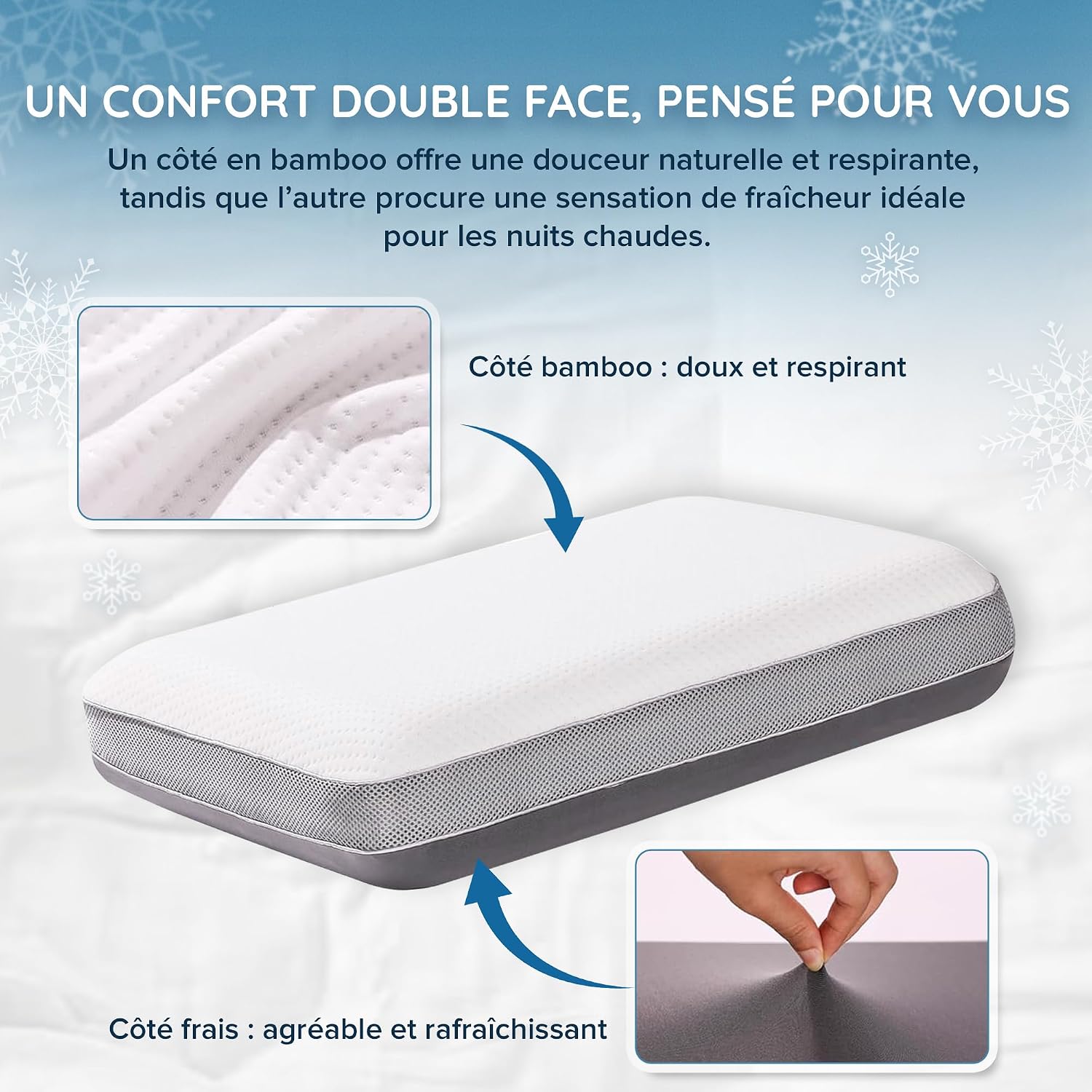 Oreiller Cervical Ergonomique en Mousse à mémoire de Forme, Hauteur réglable, Double Face, en Bambou et Effet fraîcheur, po 9