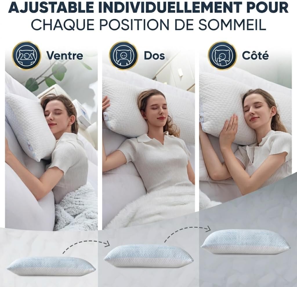 Oreiller à Mémoire de Forme 40x80, Hauteur Réglable – Oreiller Ergonomique Orthopédique, Douleurs Cervicales, Dos et Côté – 4