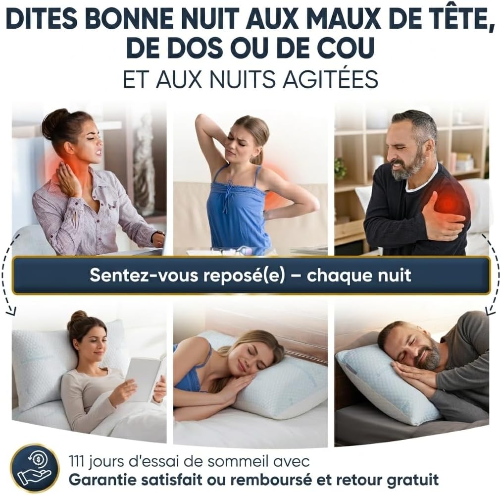 Oreiller à Mémoire de Forme 40x80, Hauteur Réglable – Oreiller Ergonomique Orthopédique, Douleurs Cervicales, Dos et Côté – 7