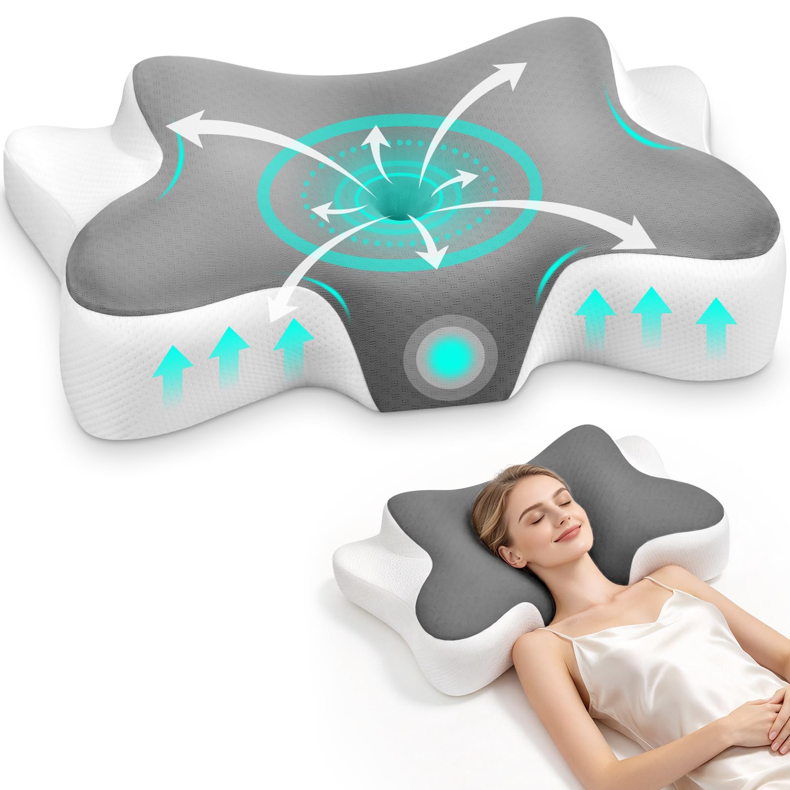Oreiller Ergonomique Cervical, 2 en 1 Oreiller Memoire Forme Coussin Ergonomique pour la Nuque, pour Dormir sur Le côté, Le D