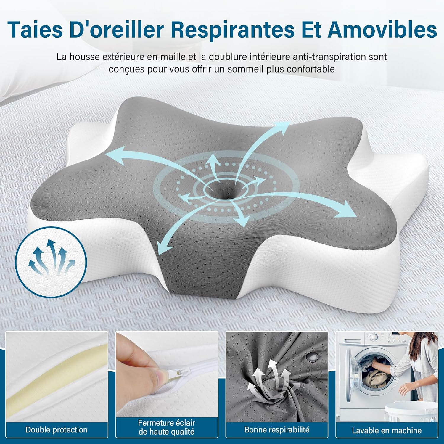 Oreiller Ergonomique Cervical, 2 en 1 Oreiller Memoire Forme Coussin Ergonomique pour la Nuque, pour Dormir sur Le côté, Le 6