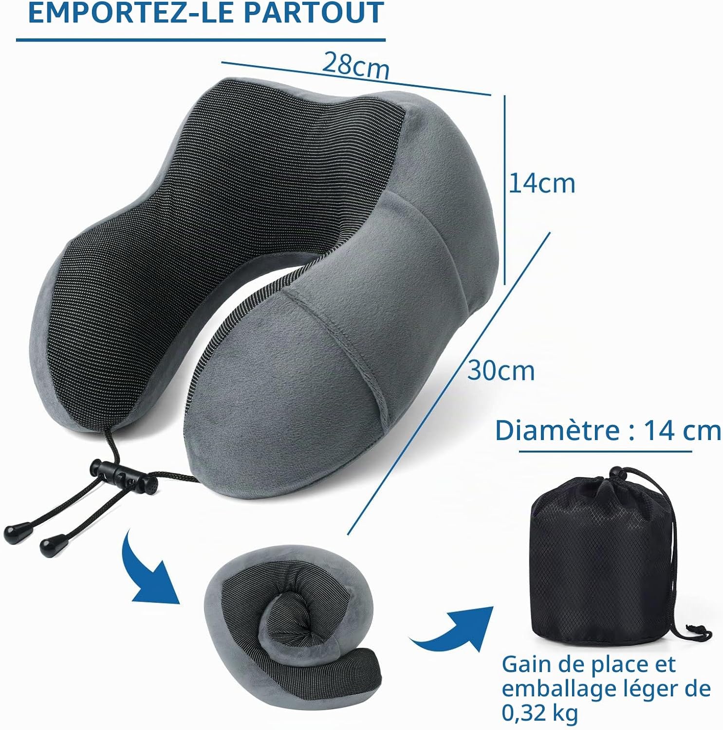 Oreiller de Voyage, Oreiller Cervical en Mousse à mémoire de Forme, Coussin de Support Cervical Essentiel pour Voyager, Sac 4