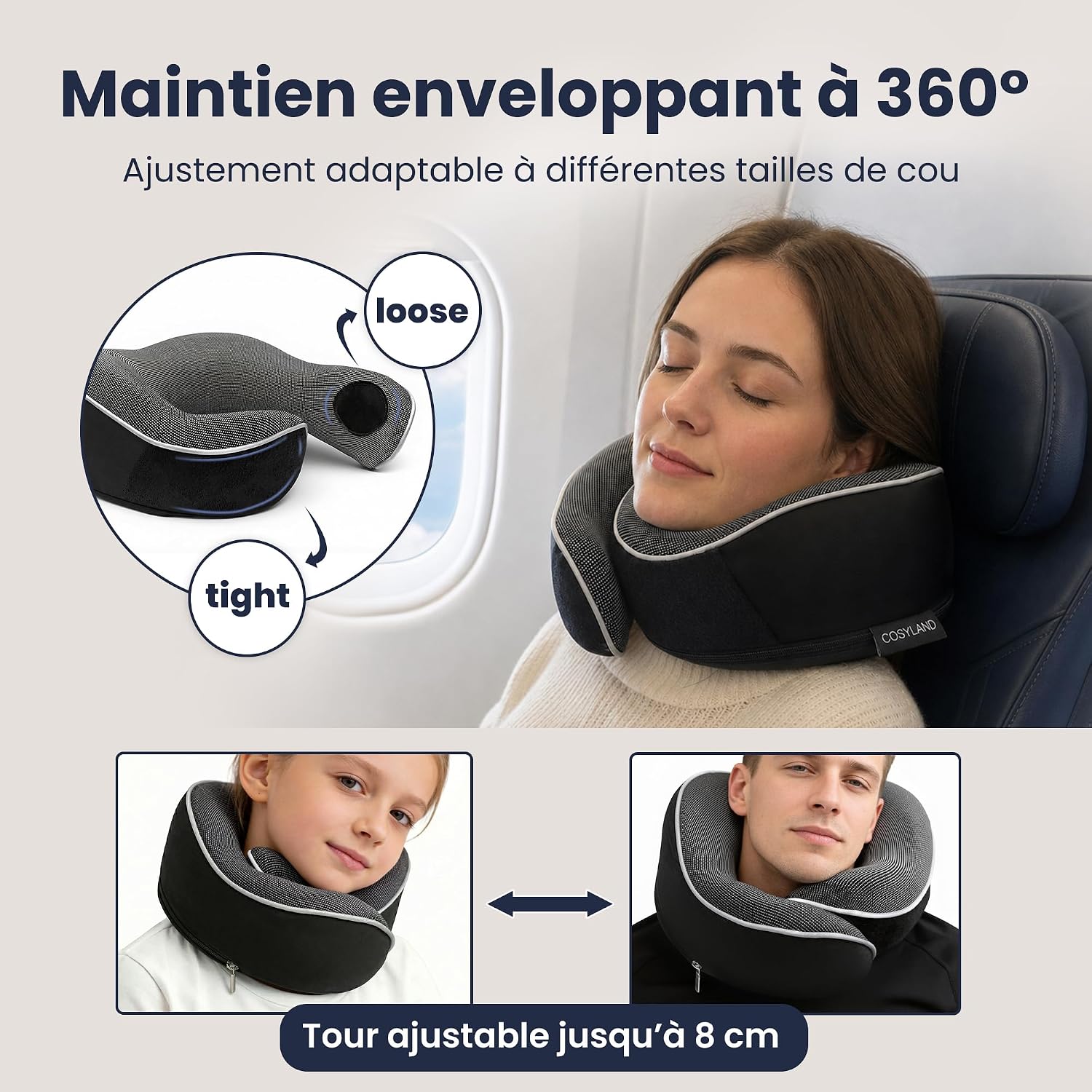 COSYLAND Coussin de Voyage Cervical à Capuche en Mousse à Mémoire de Forme Noir Avec capuche 4