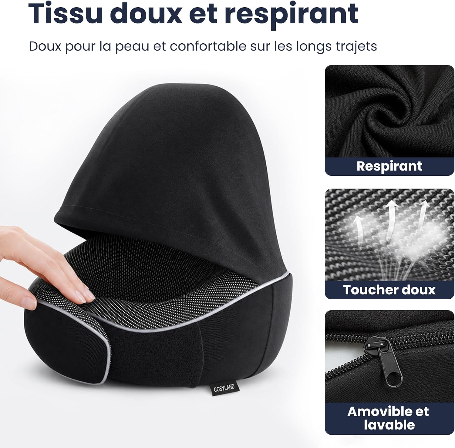 COSYLAND Coussin de Voyage Cervical à Capuche en Mousse à Mémoire de Forme Noir Avec capuche 7