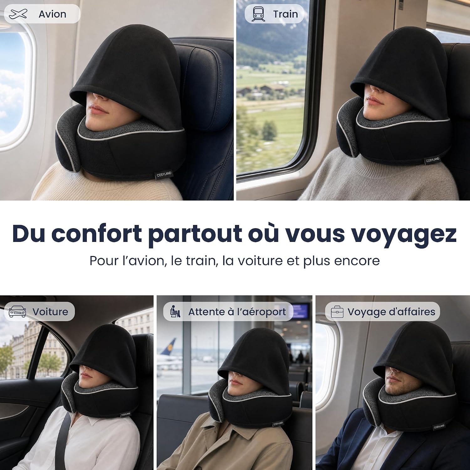 COSYLAND Coussin de Voyage Cervical à Capuche en Mousse à Mémoire de Forme Noir Avec capuche 9
