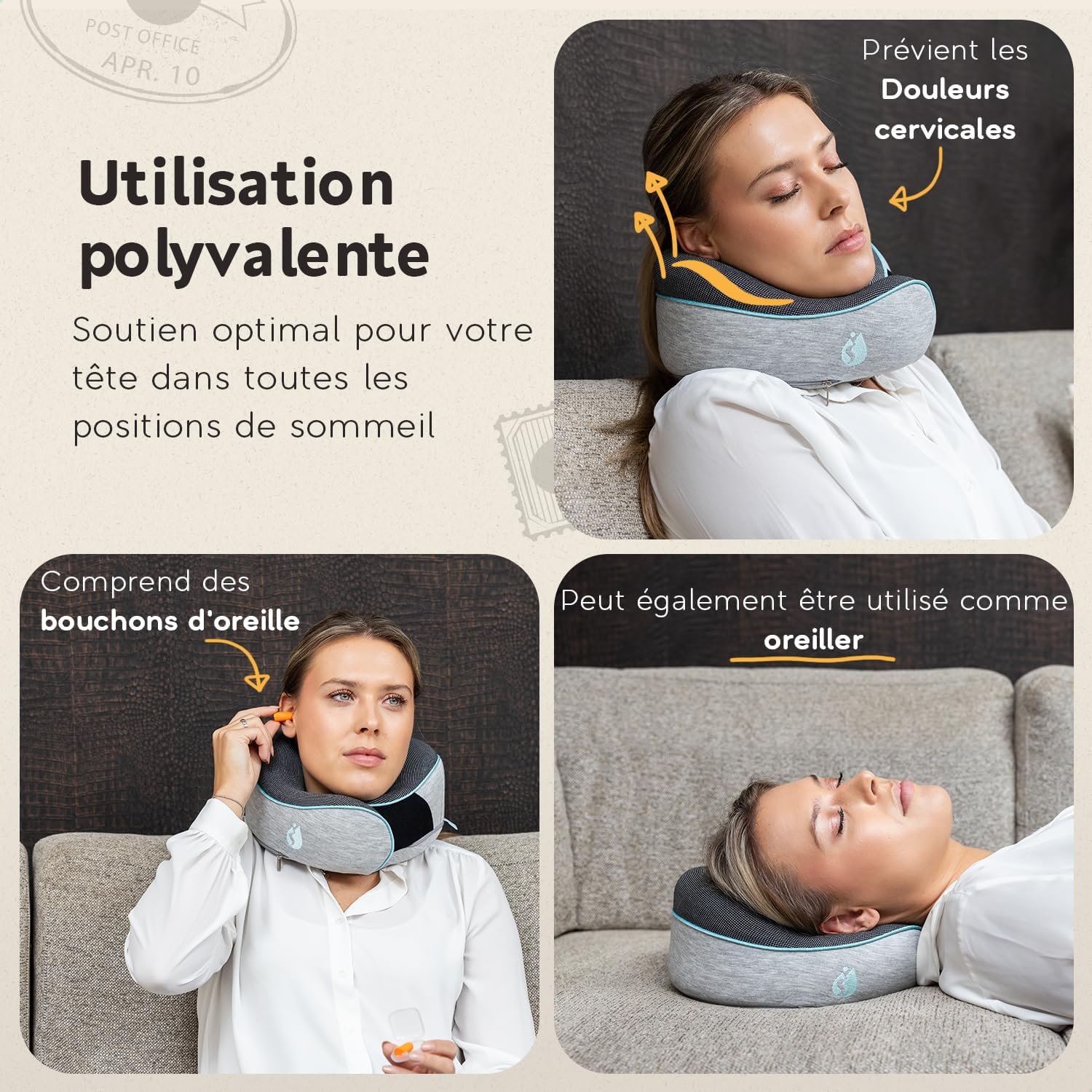 Coussin de Voyage – Oreiller de Voyage Ergonomique en Mousse Mémoire – Coussin Avion Compact et Confortable – Oreiller pour 3