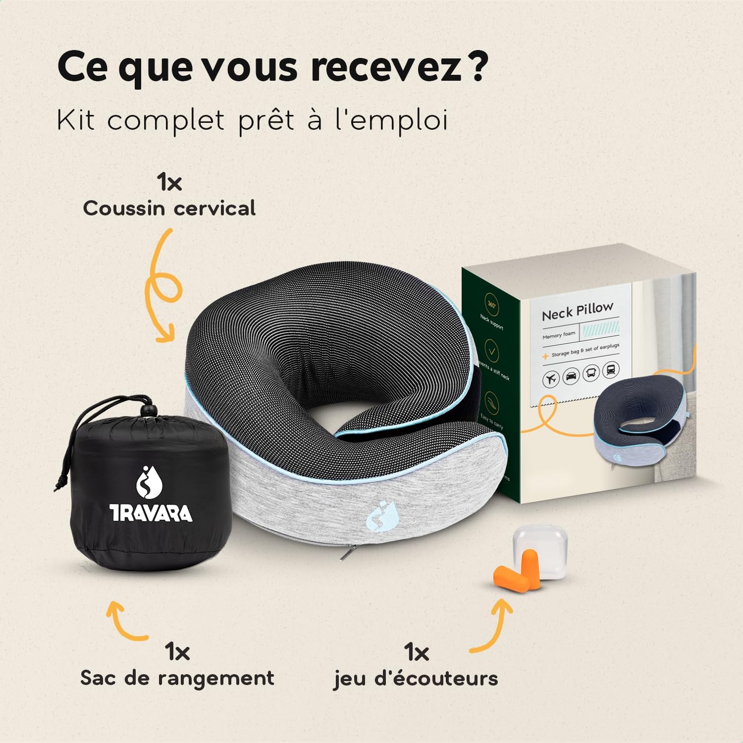 Coussin de Voyage – Oreiller de Voyage Ergonomique en Mousse Mémoire – Coussin Avion Compact et Confortable – Oreiller pour 8